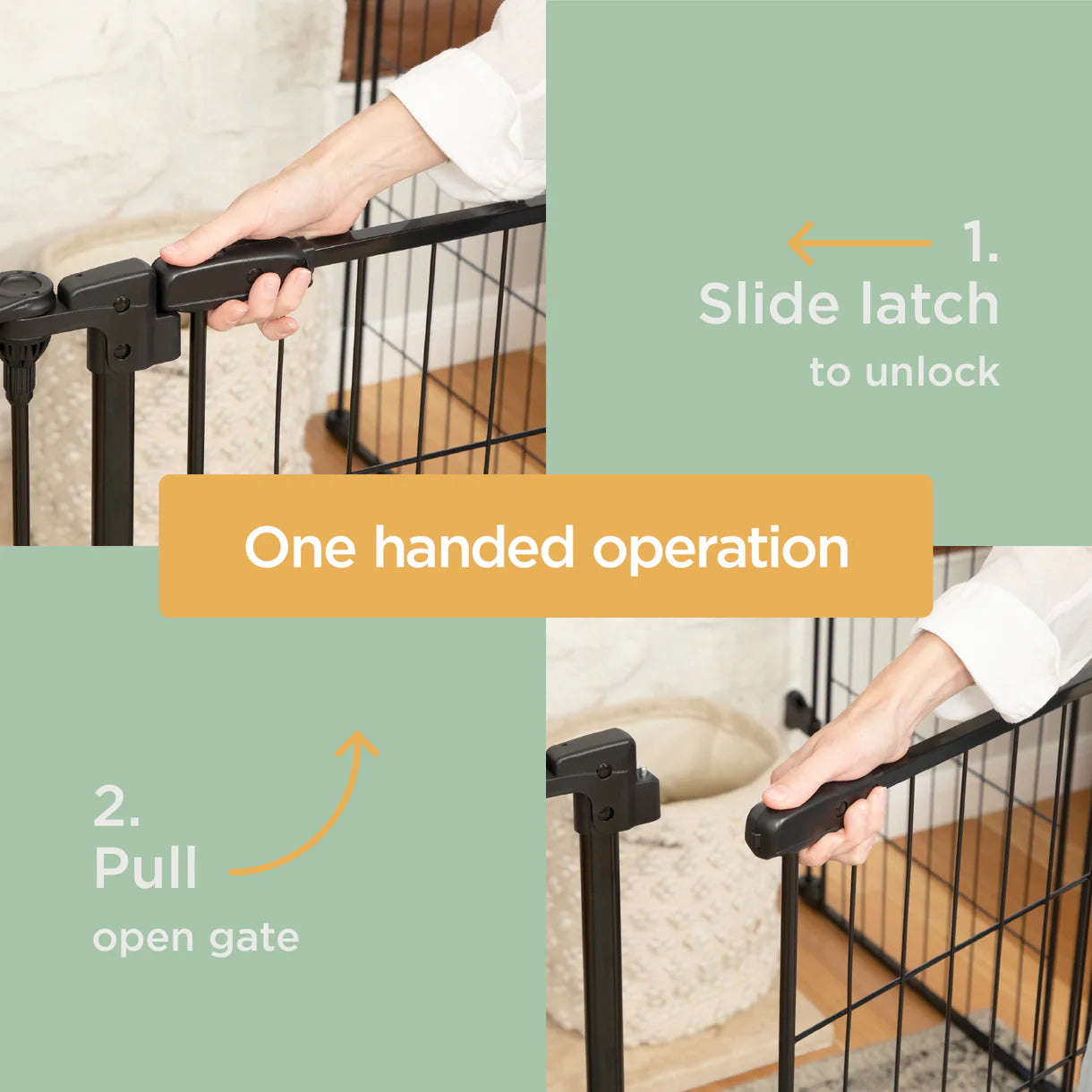 Step-by-step guide on how to operate a baby gate with text labels.