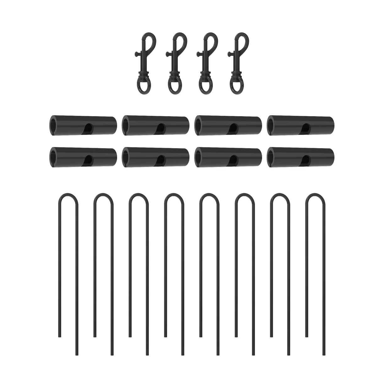 Set of black tent stakes and hooks on a white background