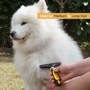 White dog being groomed with a brush, with text 'Ideal for Medium to Long Hair' on a yellow banner.