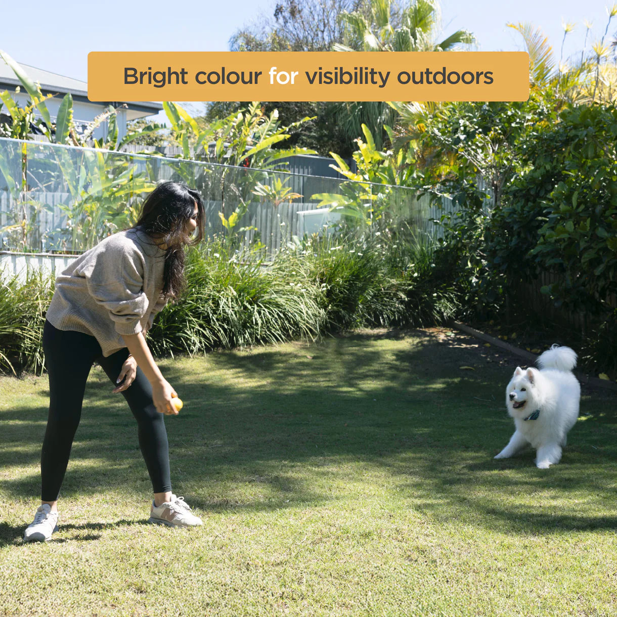 Woman playing fetch with a white dog in a garden