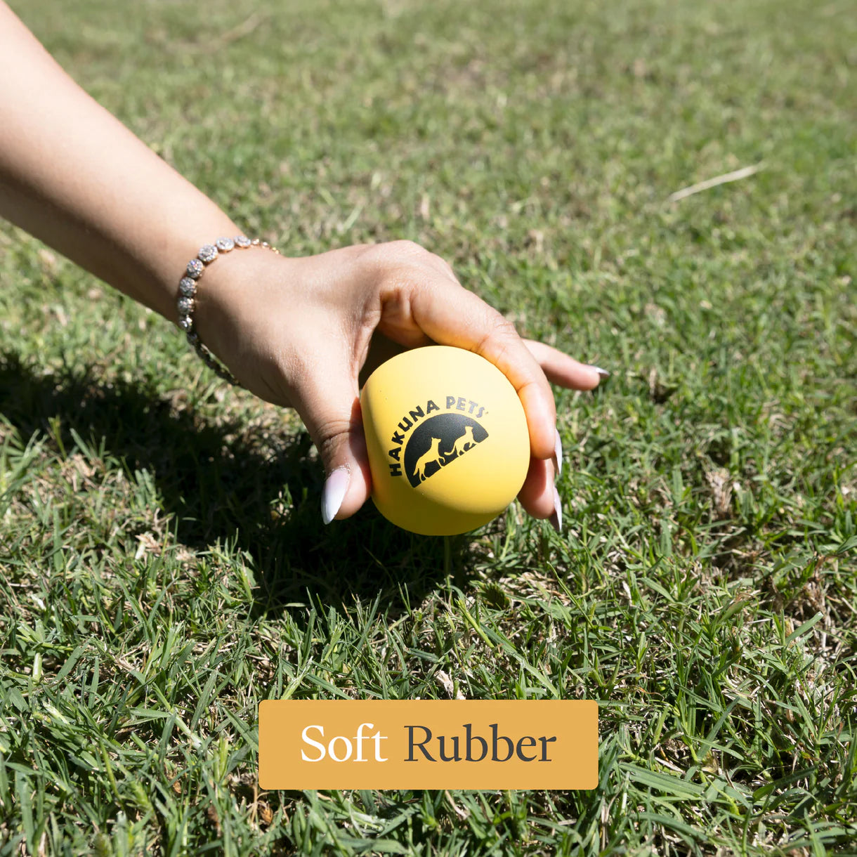Hand holding a yellow soft rubber ball with 'Hakuna Pet' branding on grass.