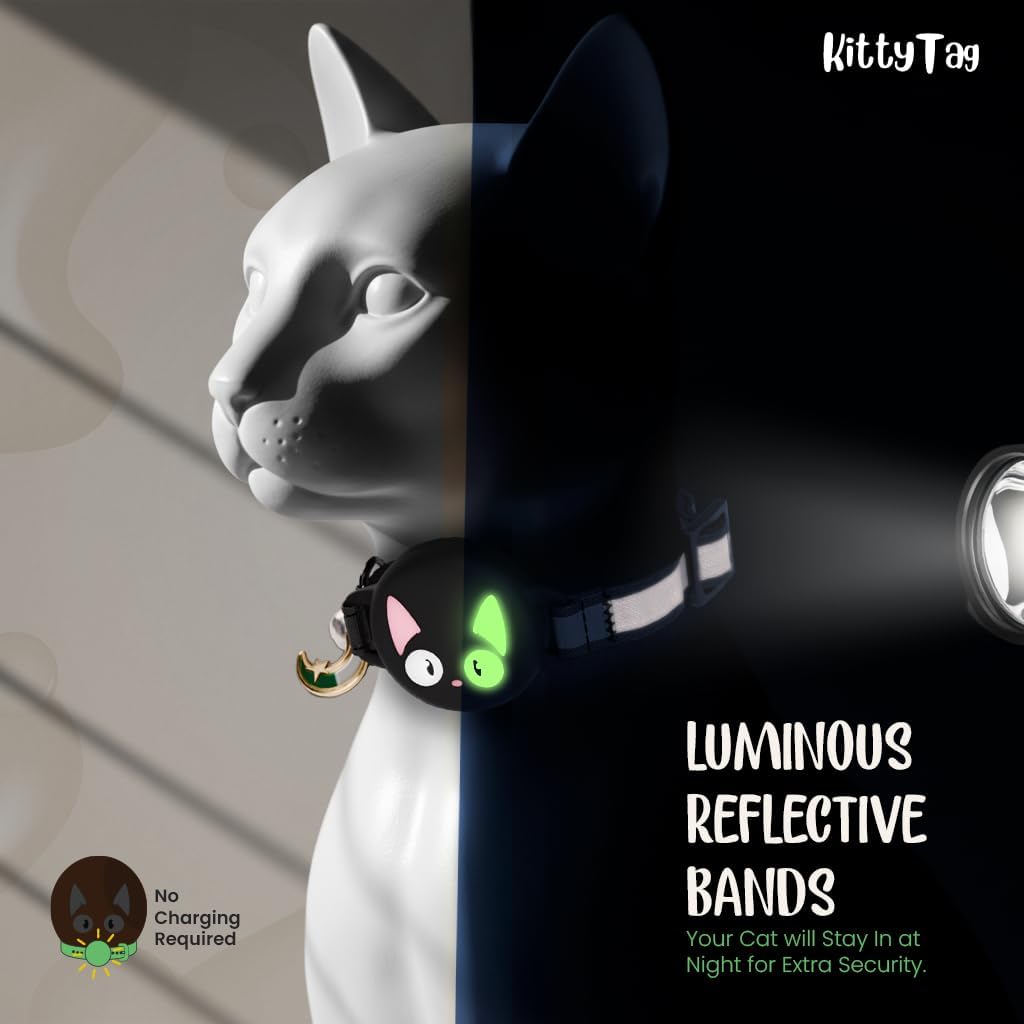 A white cat figurine wearing a reflective band with a glowing green eye detail, shown against a split light and dark background. Text on the image reads 'KittyTag' and 'LUMINOUS REFLECTIVE BANDS' at Pet Servo