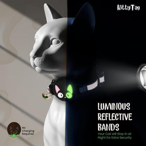 A white cat figurine wearing a reflective band with a glowing green eye detail, shown against a split light and dark background. Text on the image reads 'KittyTag' and 'LUMINOUS REFLECTIVE BANDS' at Pet Servo