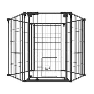 Black metal pet playpen on a white background