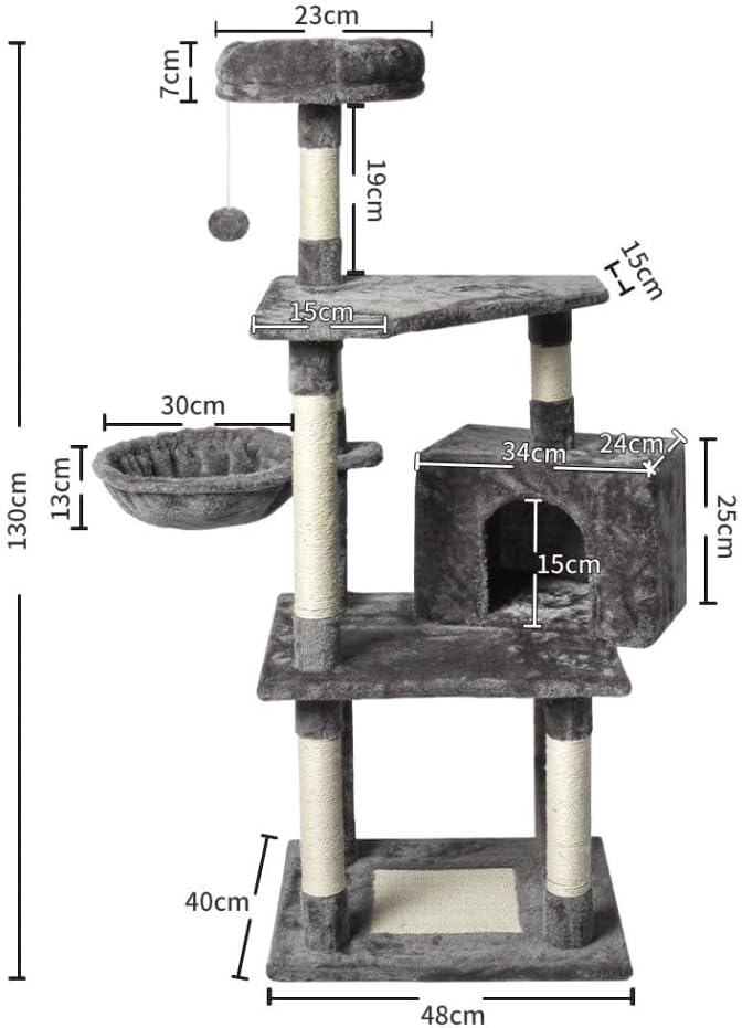 Cat tree product diagram with multiple dimensions labeled in centimeters, including height, width, and depth measurements for the perch, bed, and playhouse sections at Pet Servo