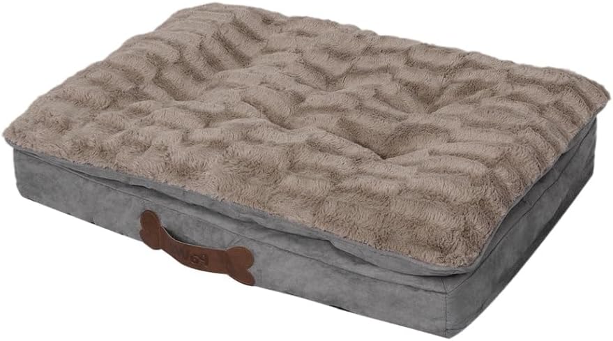Dog bed with textured surface and bone-shaped handle on a white background at Pet Servo