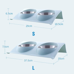 Pet feeding station with two bowls and measurements on a white background at Pet Servo
