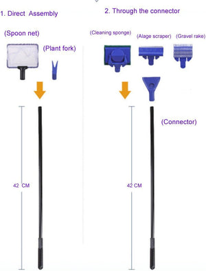 Aquarium cleaning tools with labels and measurements on a white background at Pet Servo