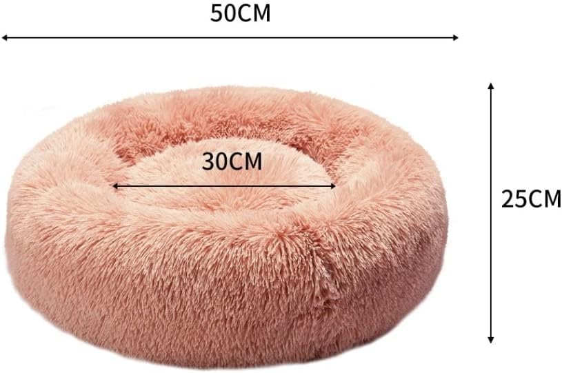 Pink round pet bed with measurements on a white background at Pet Servo