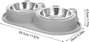 Gray dual pet food bowl with stainless steel bowls and dimension markings showing 29.7cm length, 16cm width, and 4 at Pet Servo