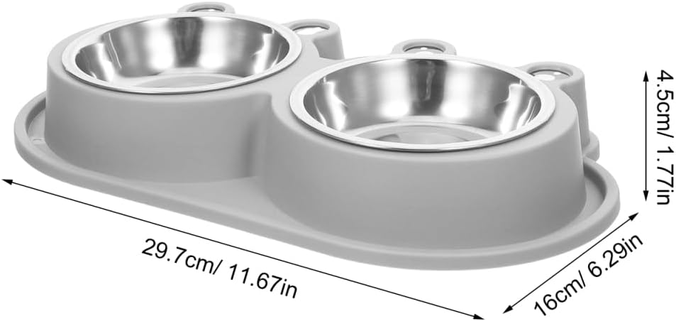 Gray dual pet food bowl with stainless steel bowls and dimension markings showing 29.7cm length, 16cm width, and 4 at Pet Servo