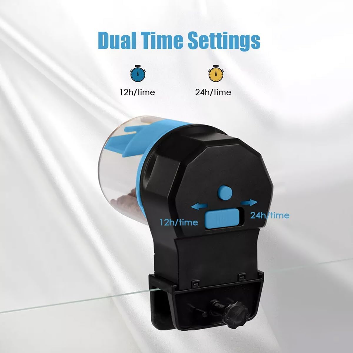 Black and blue time switch with dual time settings on a white background at Pet Servo