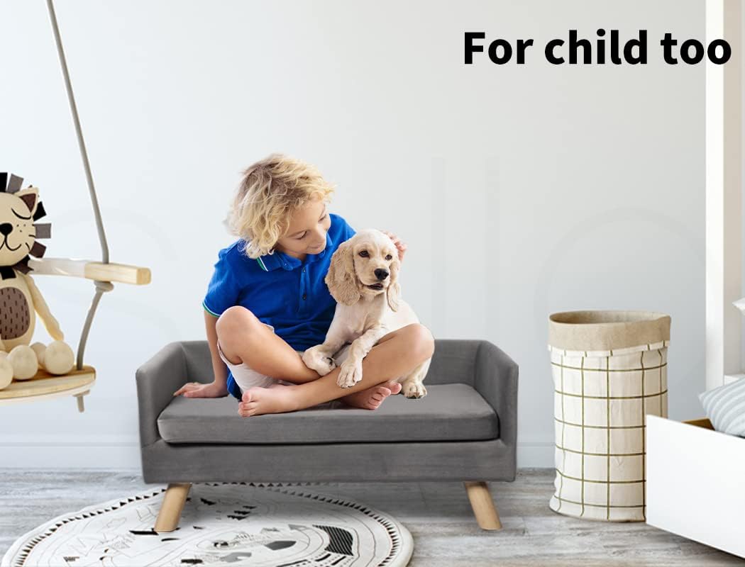 Child sitting on a small gray sofa with a dog, surrounded by children's toys and a white wall at Pet Servo