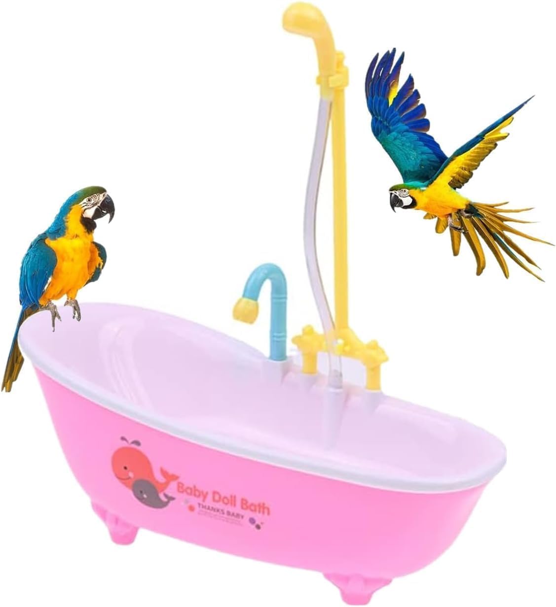 Pink bathtub with toy faucet, toy parrots, and 'Baby Doll Bath' branding on a white background at Pet Servo