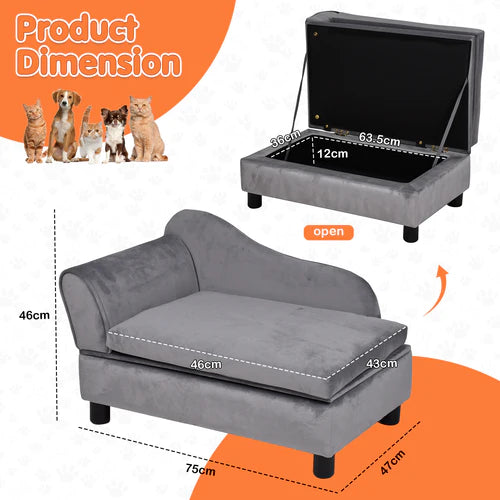 Gray pet sofa with dimensions and a black ottoman on an orange and white background at Pet Servo
