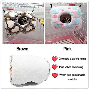Two pet hammocks, one brown and one pink, in a pet cage with text describing their features at Pet Servo