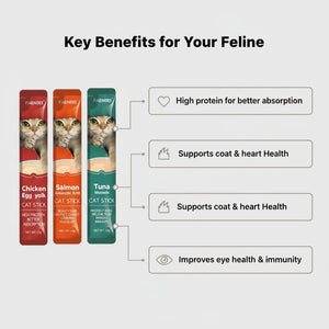 Cat food sticks with benefits listed on a light gray background at Pet Servo