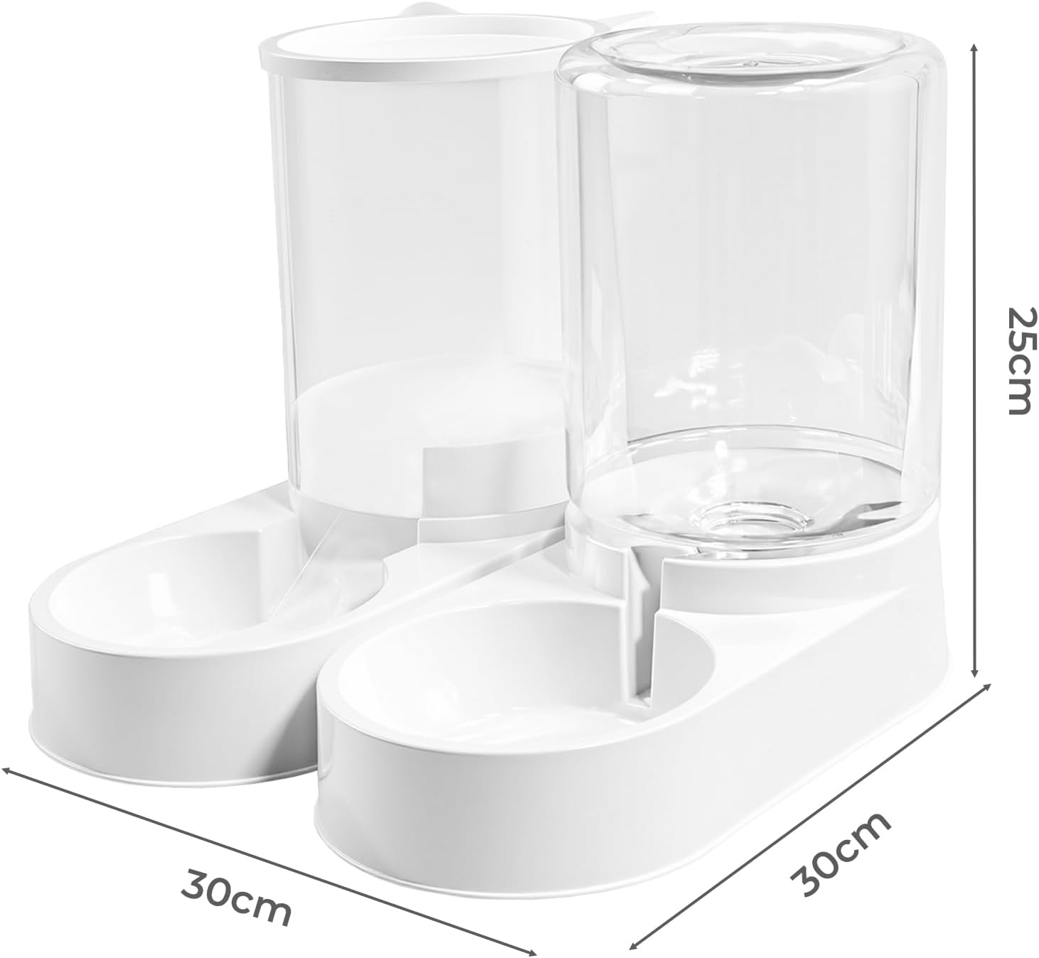 Pet feeding and water station with dimensions labeled on a white background at Pet Servo