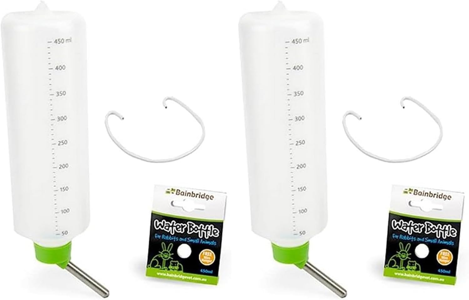 Two white water bottles with green bases and measurement markings, each accompanied by a 'Bainbridge' branded label at Pet Servo