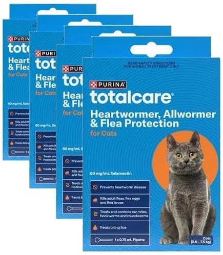 Multiple packages of Purina Totalcare Heartworm, Allwormer & Flea Protection for Cats on a white background at Pet Servo