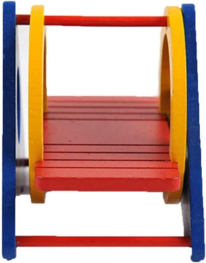 Colorful wooden toy with red platform, yellow sides, and blue frame on a white background at Pet Servo