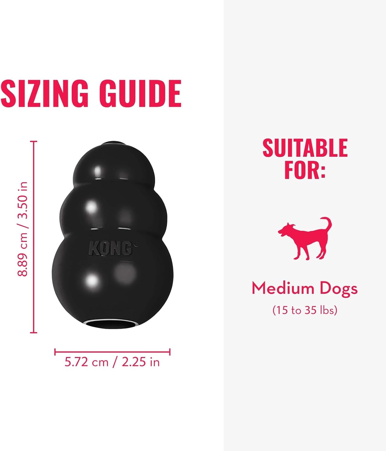 Sizing guide for a black KONG dog toy, showing dimensions of 8.89 cm in height and 5 at Pet Servo