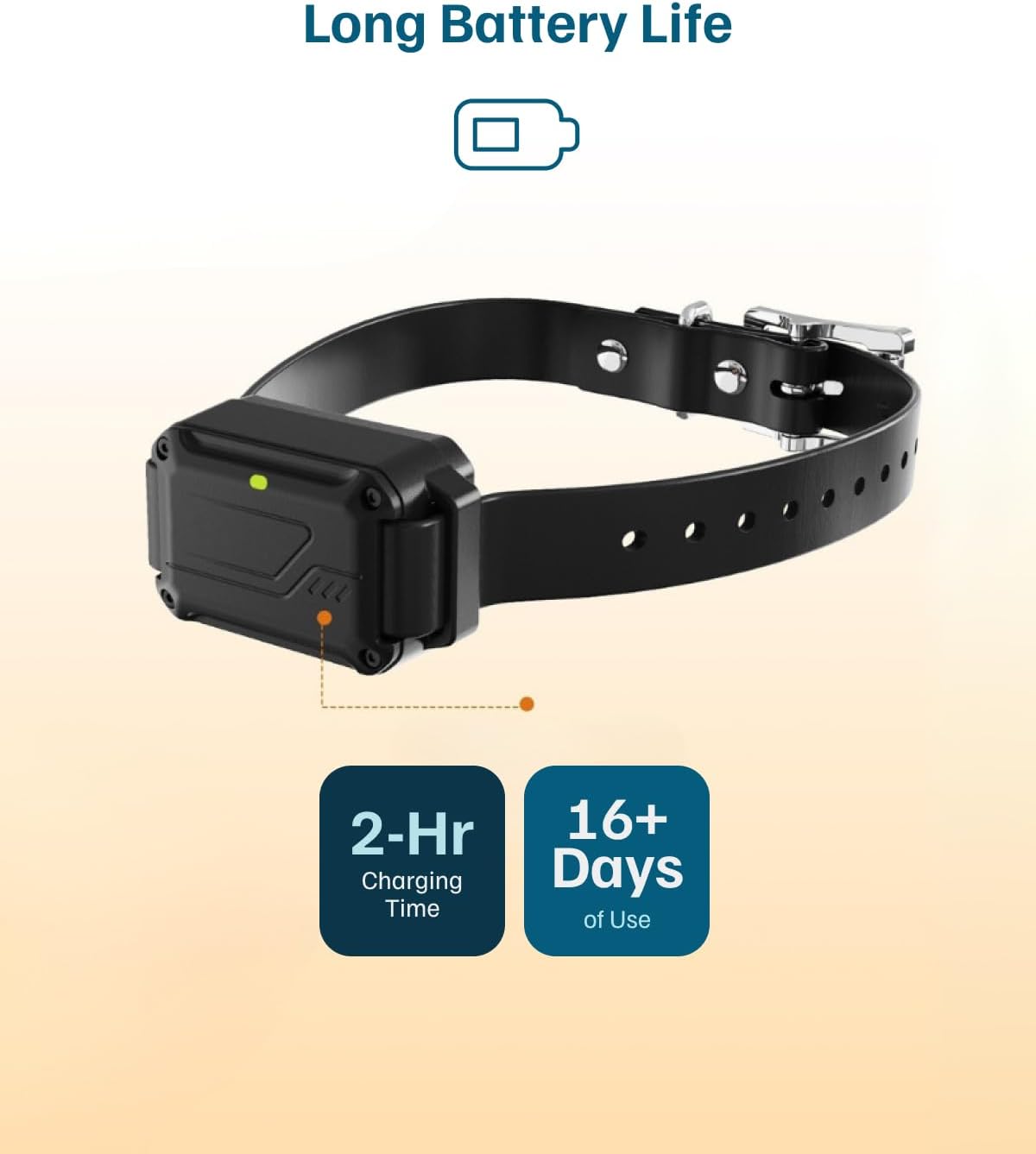 Black dog collar with battery indicator on a beige background, highlighting long battery life features at Pet Servo