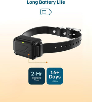 Black dog collar with battery indicator on a beige background, highlighting long battery life features at Pet Servo