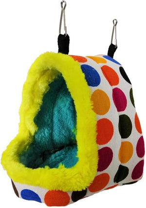 Colorful polka dot pet hammock with yellow interior on a white background at Pet Servo