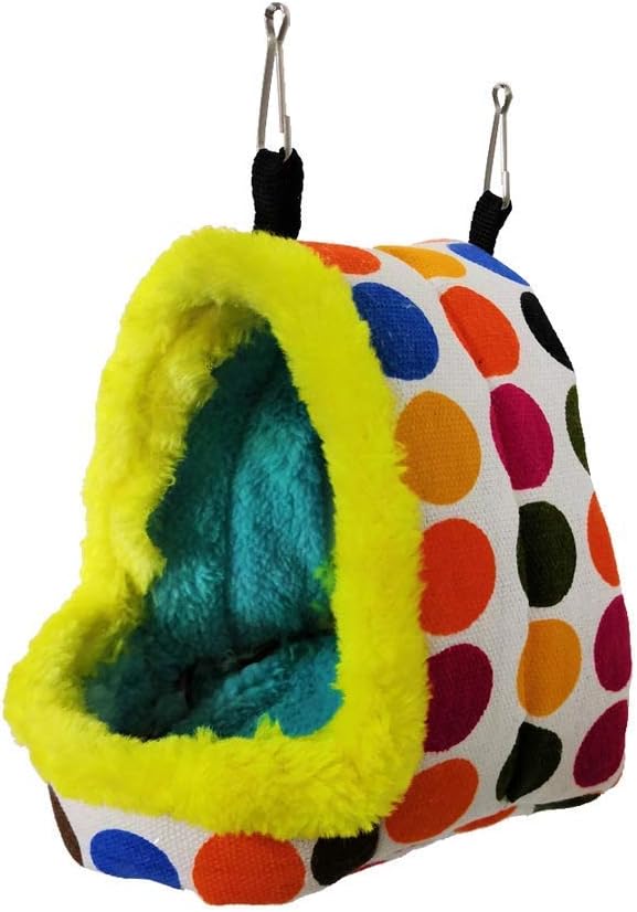 Colorful polka dot pet hammock with yellow interior on a white background at Pet Servo