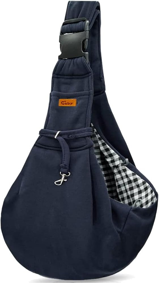 Navy blue sling bag with checkered lining on a white background at Pet Servo
