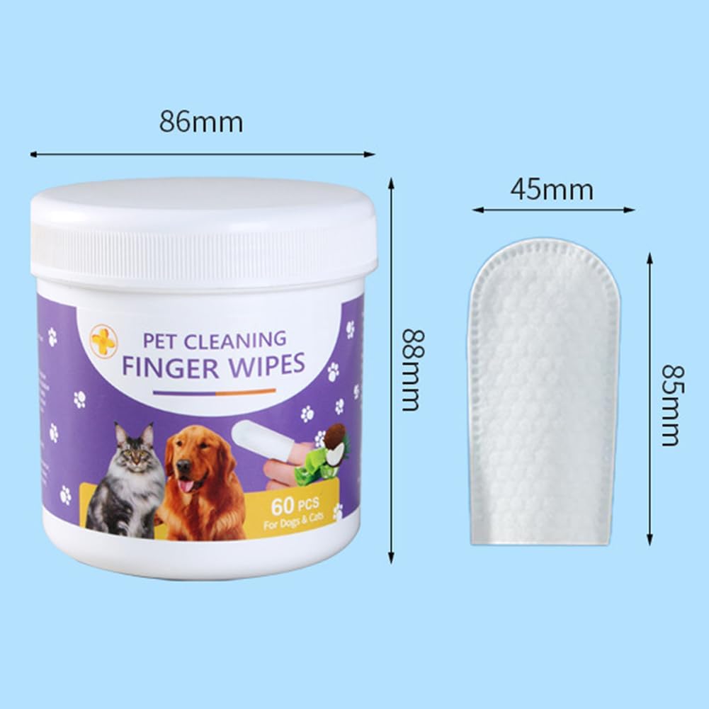A white plastic tub of pet cleaning finger wipes with a purple label, shown next to a single white wipe with dimension callouts reading 88mm, 45mm, and 85mm on a light blue background at Pet Servo