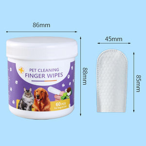A white plastic tub of pet cleaning finger wipes with a purple label, shown next to a single white wipe with dimension callouts reading 88mm, 45mm, and 85mm on a light blue background at Pet Servo