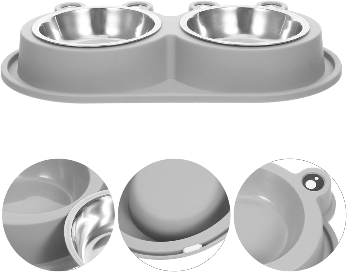 Gray dual pet feeder and waterer bowl set with stainless steel bowls, shown on a white background with three circular detail insets highlighting the silicone construction, bowl interior, and lid design at Pet Servo