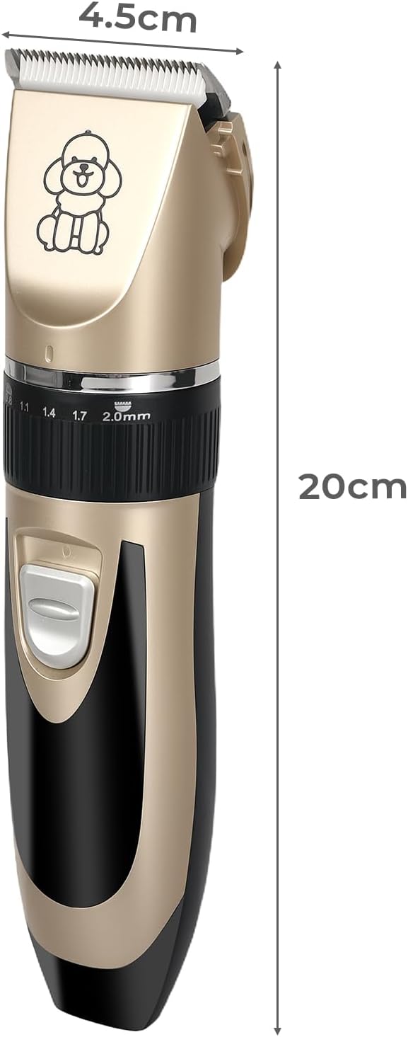 A pet hair clipper shown on a white background with dimension labels indicating 4.5cm blade size and 20cm length at Pet Servo