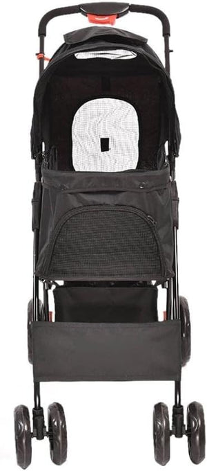 A black pet stroller with a mesh front window, black frame, and four wheels, shown against a plain white background at Pet Servo