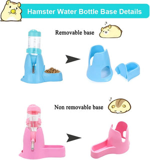 Comparison of removable and non-removable bases for a hamster water bottle with illustrations of a hamster at Pet Servo