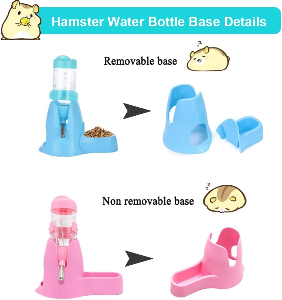 Comparison of removable and non-removable bases for a hamster water bottle with illustrations of a hamster at Pet Servo