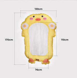 A yellow cartoon duck-shaped inflatable pool float with dimension labels showing 170cm height, 130cm width, 110cm side depth, and 76cm bottom depth on a light gray background at Pet Servo