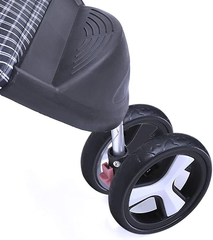 Close-up of a stroller or baby carriage wheel assembly with black tires, a silver metal axle, and a black plastic frame on a white background at Pet Servo