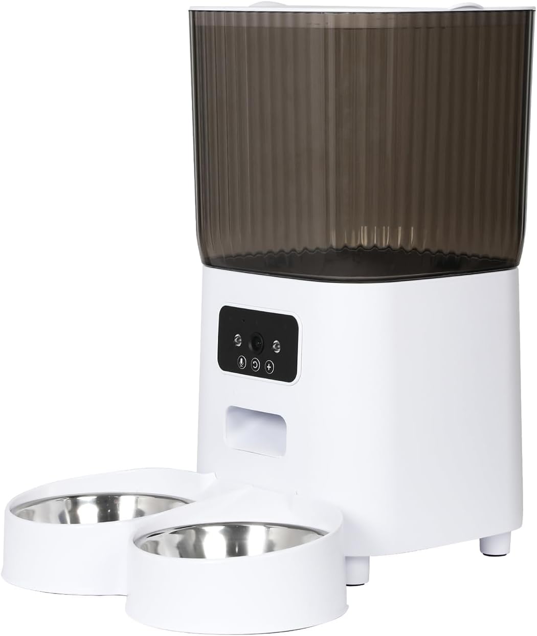 Automatic pet feeder and water dispenser with a white base, dark brown translucent upper container, and two stainless steel bowls in front at Pet Servo