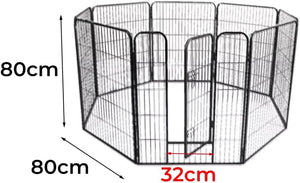 Black metal wire pet playpen with gate, shown with dimension annotations indicating 80cm height and 80cm width, with a red 32cm gate width measurement at Pet Servo