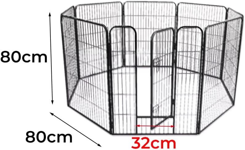 Black metal wire pet playpen with gate, shown with dimension annotations indicating 80cm height and 80cm width, with a red 32cm gate width measurement at Pet Servo