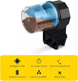 Pet feeder with clear container showing food, black base, and blue top on a white background at Pet Servo