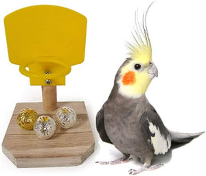 Cockatiel next to a bird toy with a yellow top and wooden base on a white background at Pet Servo