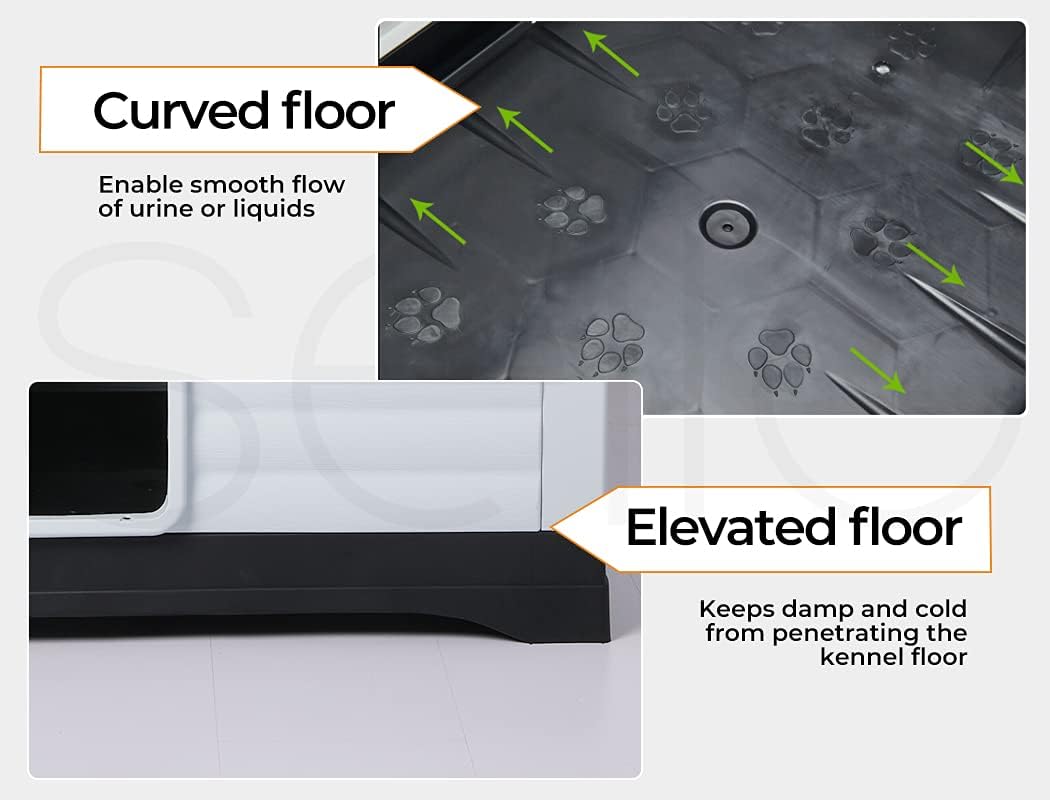 Feature comparison graphic for a pet kennel floor, showing a close-up of a curved floor with urine flow arrows and a close-up of an elevated floor section with explanatory text at Pet Servo