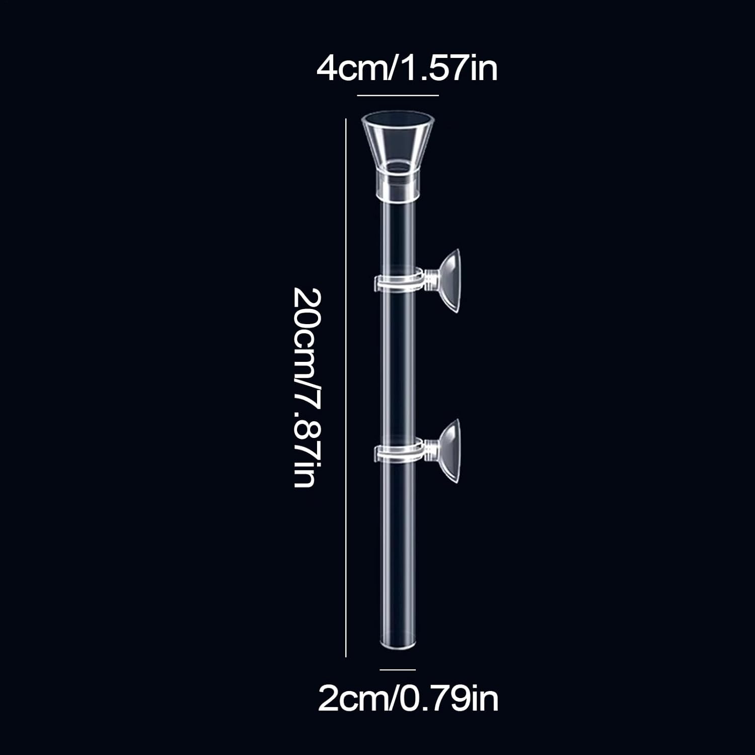 Measurement chart of a clear glass component with dimensions labeled on a black background at Pet Servo