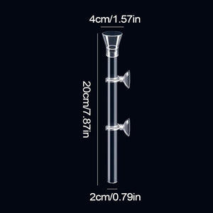Measurement chart of a clear glass component with dimensions labeled on a black background at Pet Servo