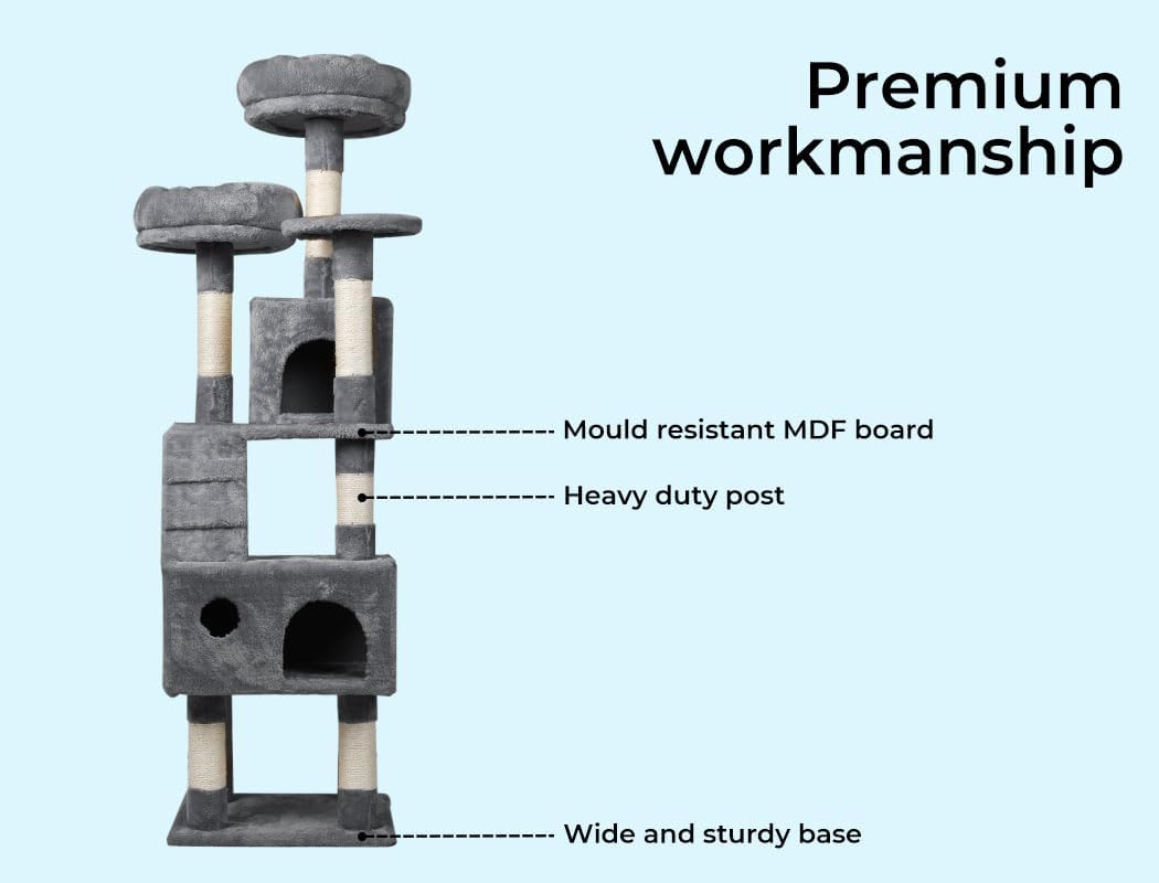 A gray and beige cat tree with text callouts reading 'Mould resistant MDF board', 'Heavy duty post', and 'Wide and sturdy base' on a light blue background, plus the headline 'Premium workmanship' at Pet Servo