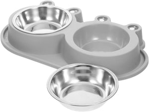 A gray dual-bowl pet feeder and waterer tray with two stainless steel bowls, shown on a plain white background at Pet Servo